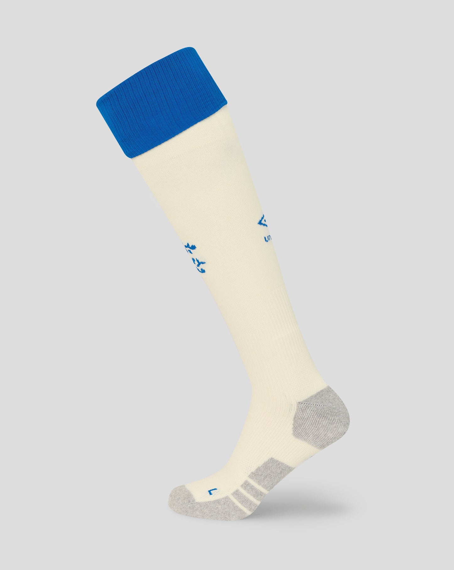 Knee-high sock with blue top and gray heel on a light gray background