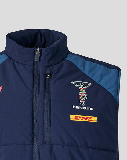 Navy blue jacket with Harlequins and DHL logos on a light gray background