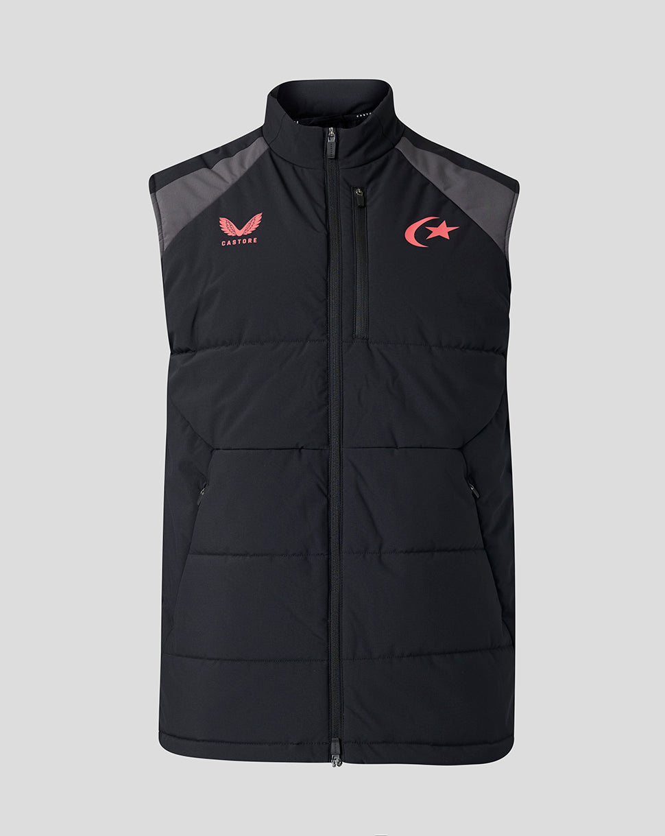 A black sleeveless puffer vest with gray shoulder panels, featuring red embroidered logos on the chest, displayed against a solid gray background.