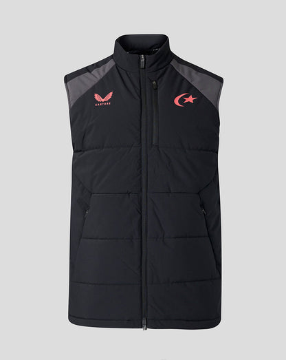 A black sleeveless puffer vest with gray shoulder panels, featuring red embroidered logos on the chest, displayed against a solid gray background.