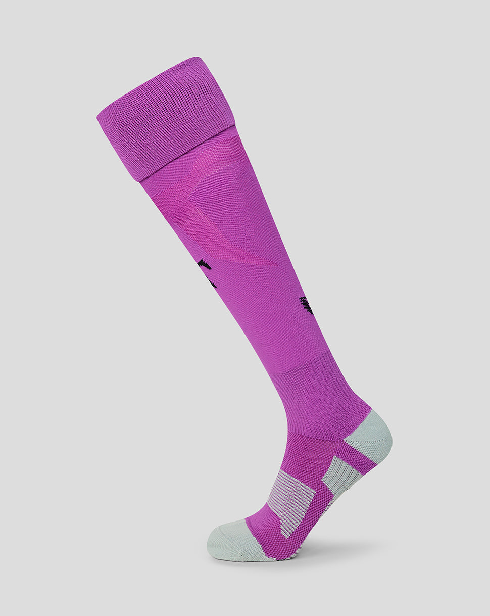 Purple Feyenoord Third Goalkeeper Sock on leg with light gray heel and toe and F shin emblem