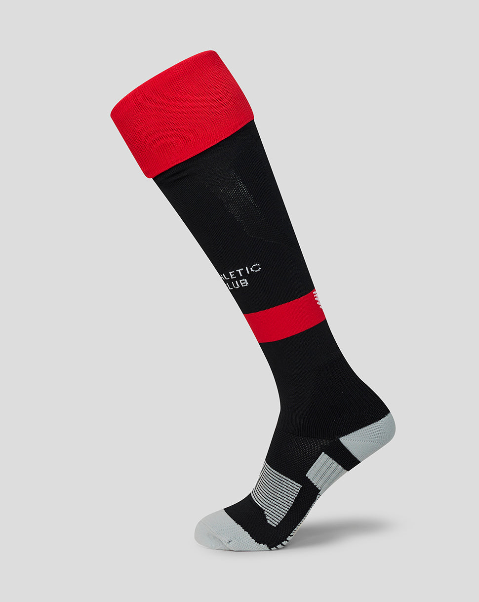 Athletic Club 26/27 Home Sock in black with a red cuff and white branding along the leg, gray heel and toe accents