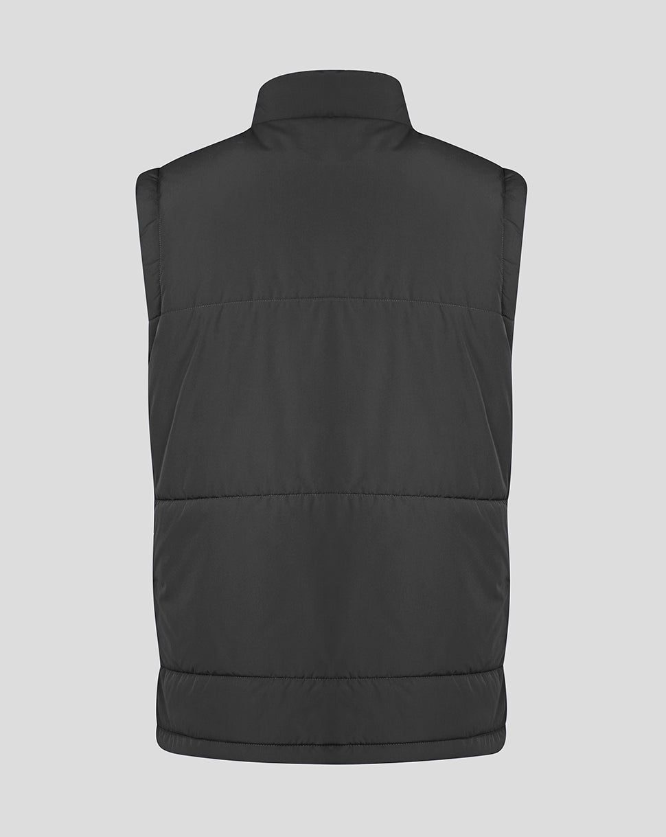 Black puffer vest on a light gray background