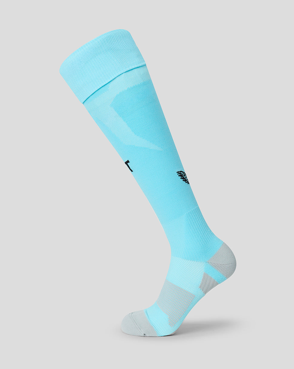 Turquoise FC Twente Away Goalkeeper Socks shown full length with cushioned heel and footbed.