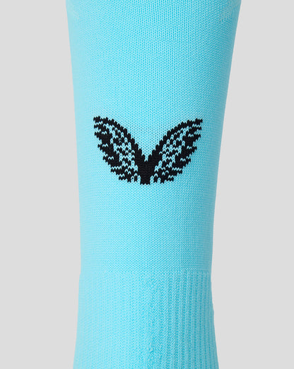 Close-up of turquoise FC Twente Away Goalkeeper Sock featuring a black wing logo on the leg.