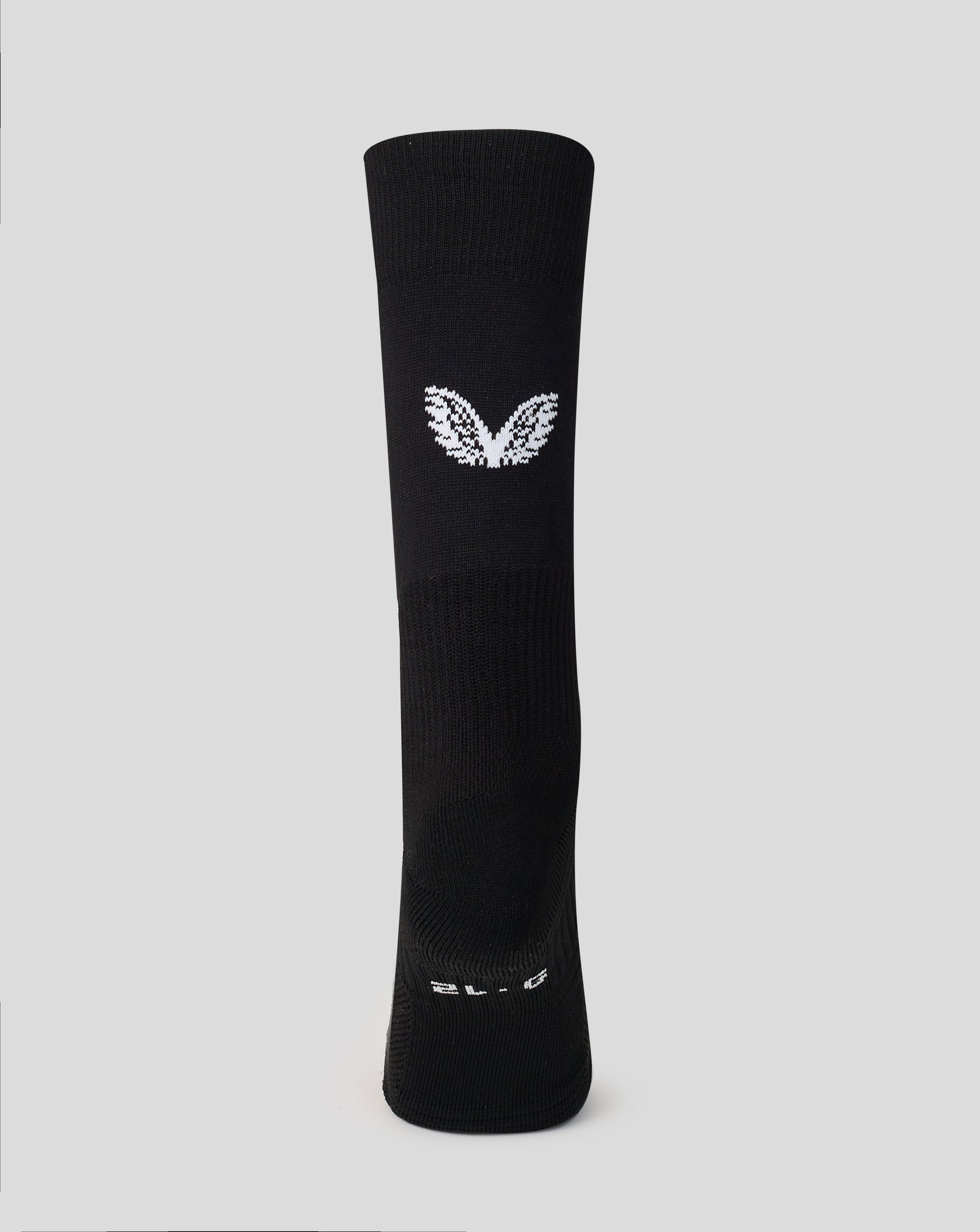 Black sock with a white logo on a light gray background