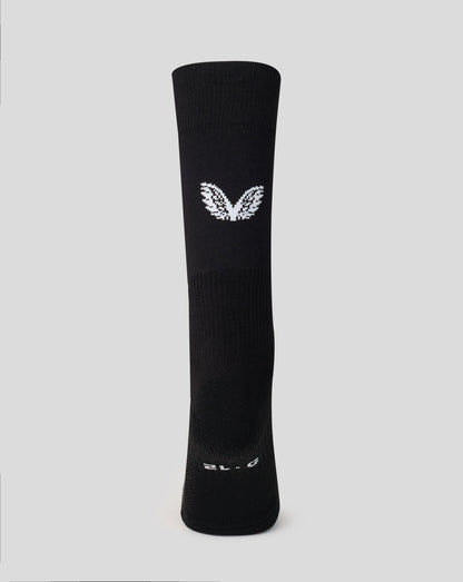 Black sock with a white logo on a light gray background