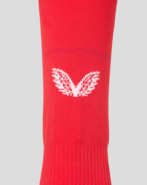 Detail of FC Twente Adults 26/27 Home Footless Socks red sock with white branding along the calf