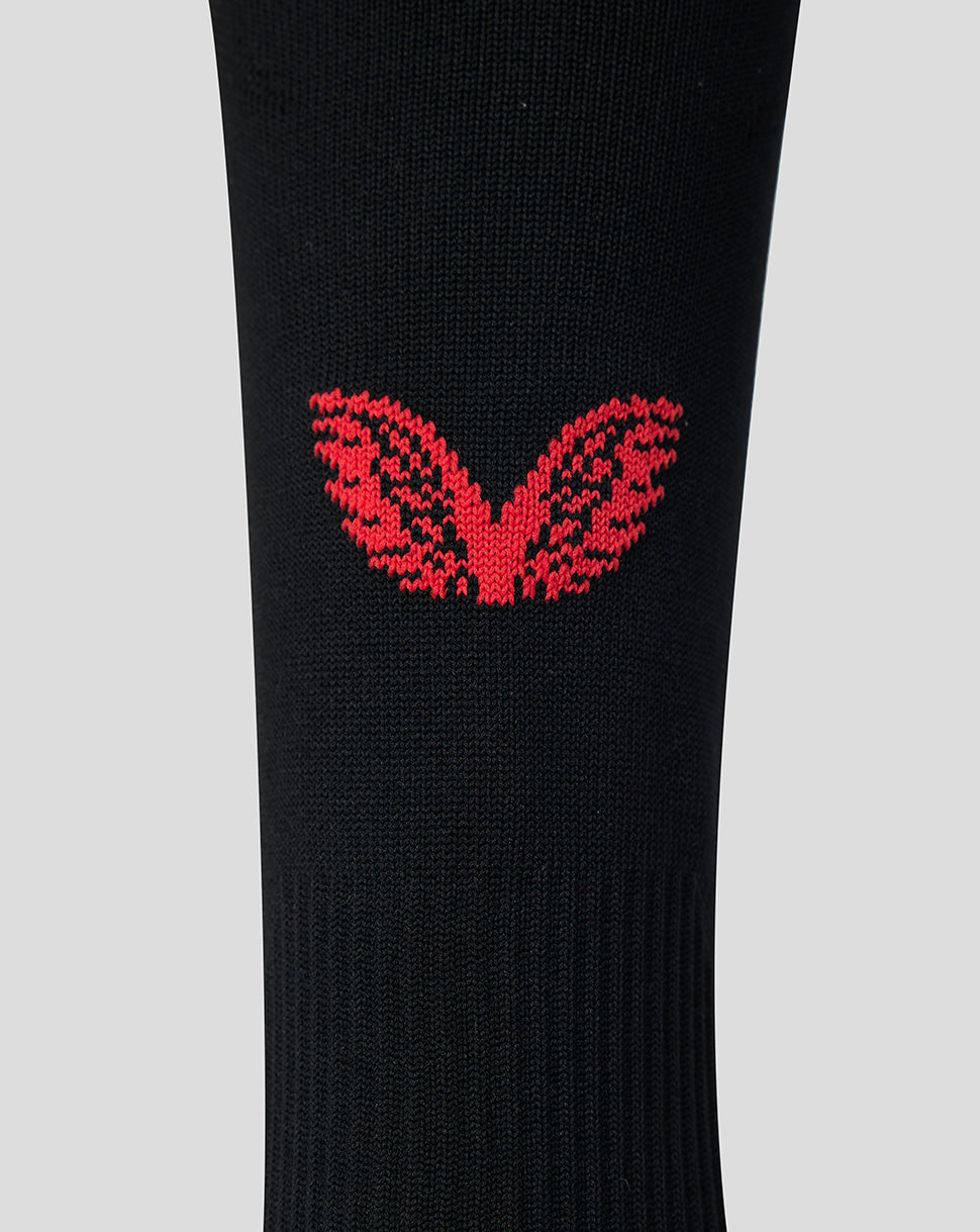 Black FC Twente away sock with red winged logo on the front