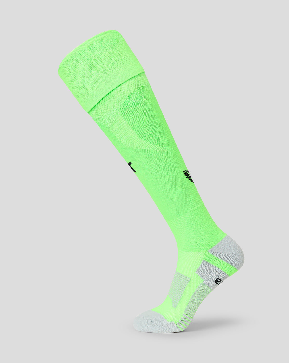 Neon green FC Twente junior goalkeeper sock with gray toe and reinforced cuff details