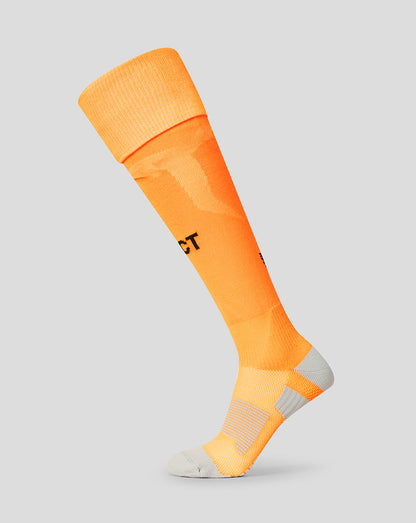 Bright orange FC Twente goalkeeper sock with grey heel and toe detailing.