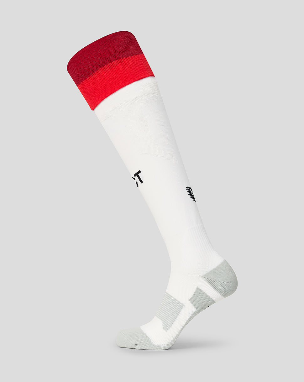 White FC Twente junior sock with red top band and grey heel and toe