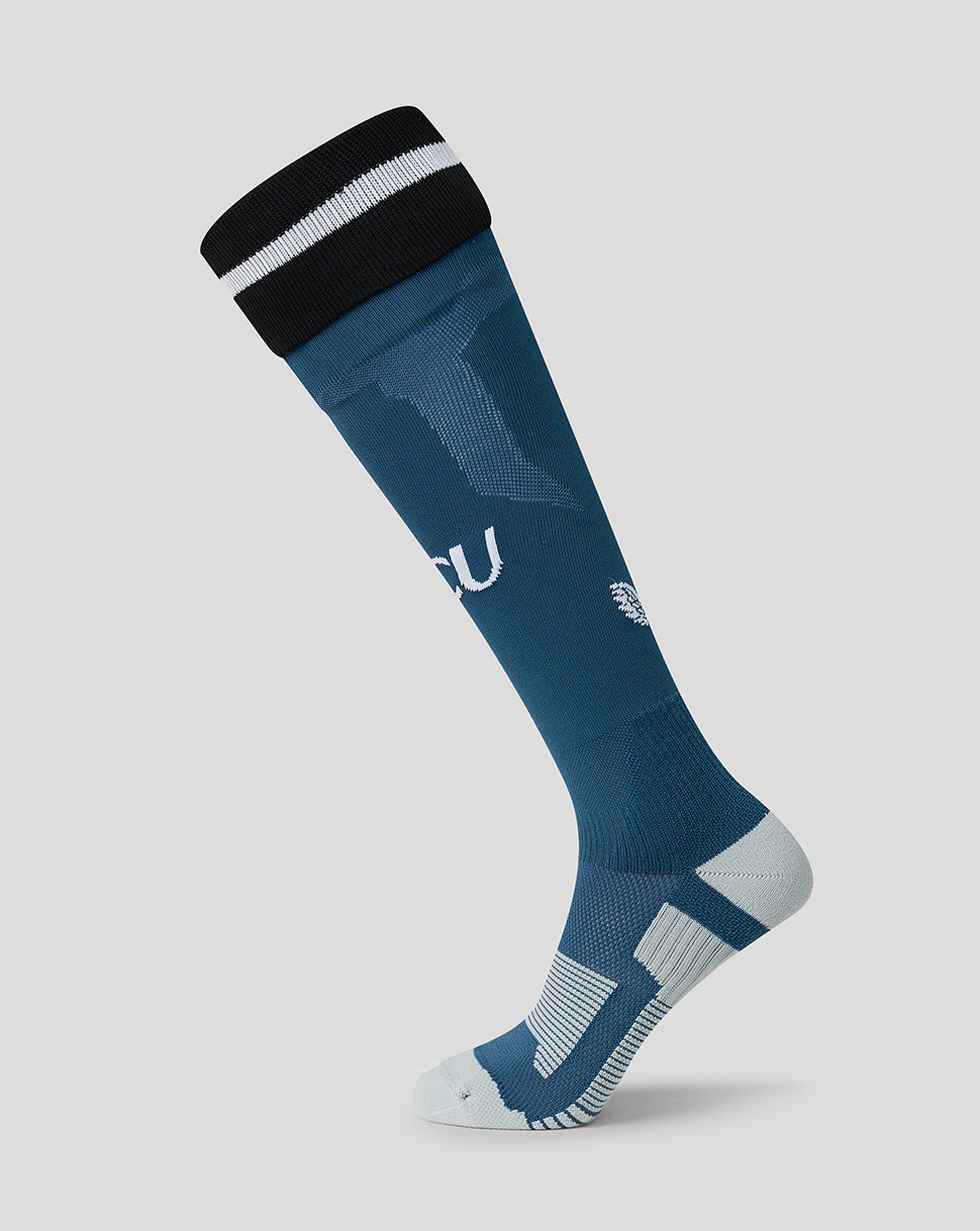 FC Utrecht away sock in deep teal with black cuff and white FCU initials on the shin