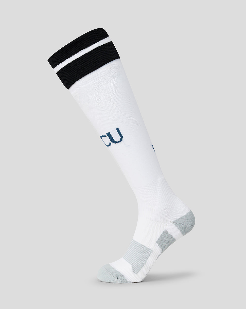 White FC Utrecht away socks with a black top stripe and blue FCU initials along the leg and cushioned heel