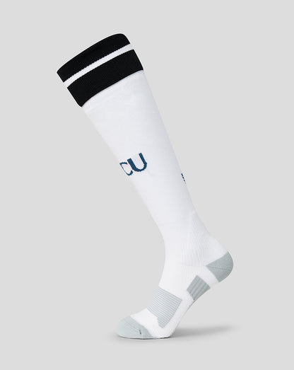 White FC Utrecht away socks with a black top stripe and blue FCU initials along the leg and cushioned heel