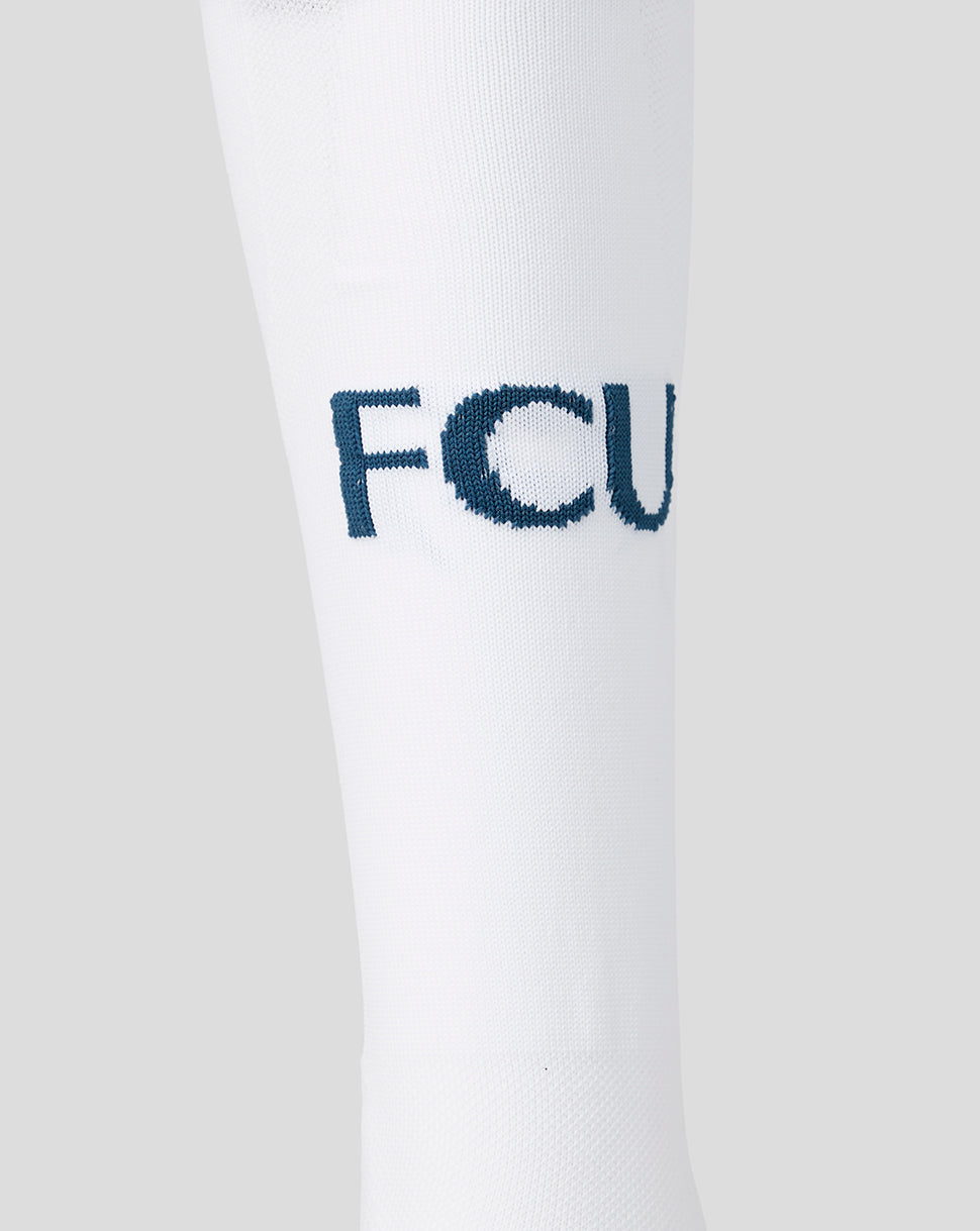 White FC Utrecht away sock with blue FCU initials on the shin