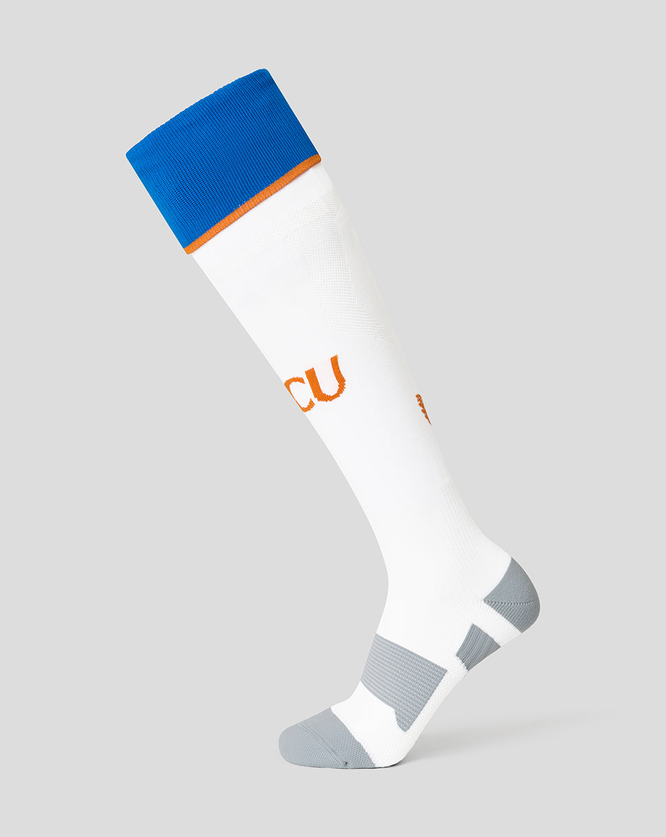 White FC Utrecht third socks with blue cuff orange trim and grey heel and toe