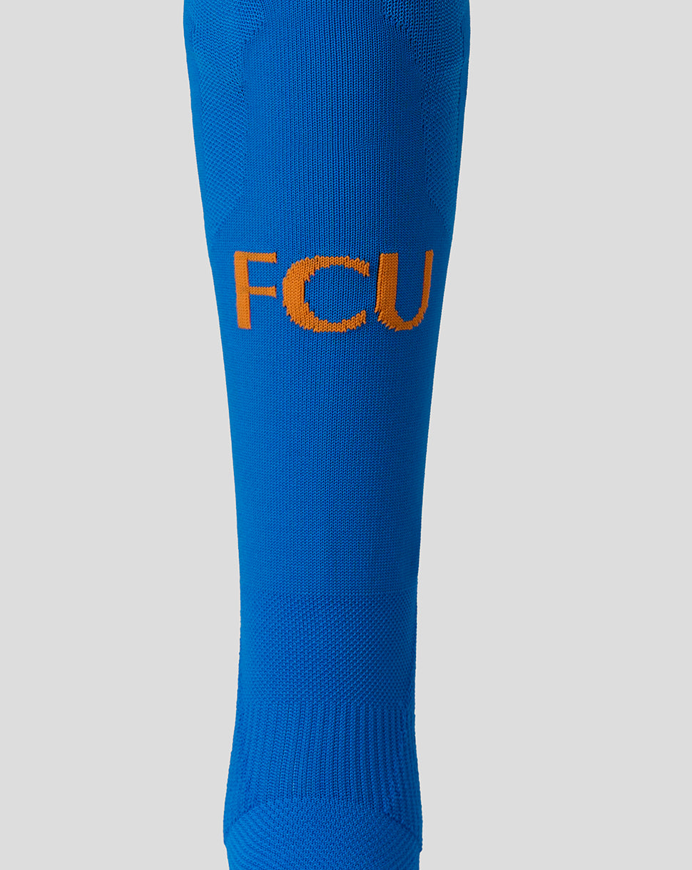 Blue FC Utrecht 26/27 third alternate sock with orange FCU lettering, close-up view