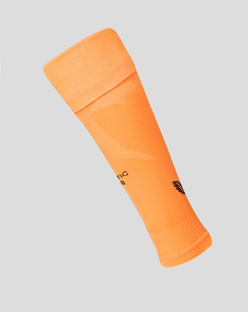 Orange goalkeeper footless sock angled diagonally against a light gray background