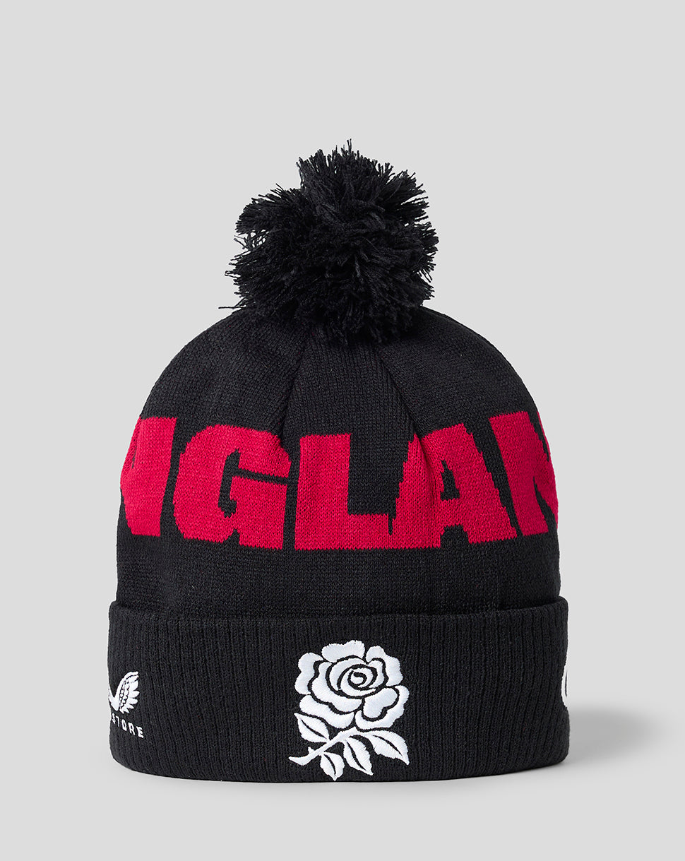 England Rugby Unisex 26/27 Bobble Beanie Hat - Black - Black/Red