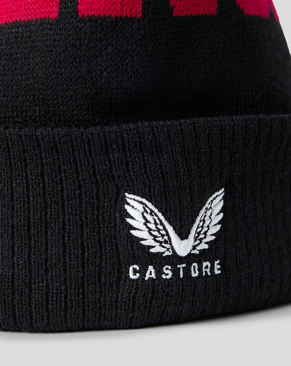 Black beanie with red stripes and Castore logo on a white background