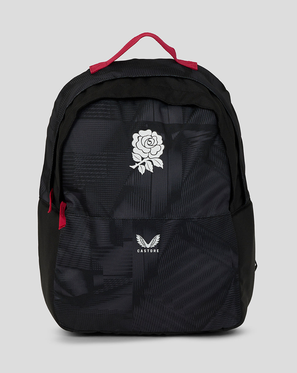 Black backpack with white rose design and 'Castore' branding on a light gray background