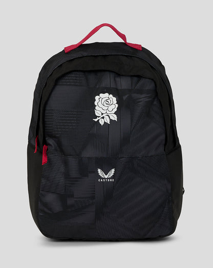 Black backpack with white rose design and 'Castore' branding on a light gray background