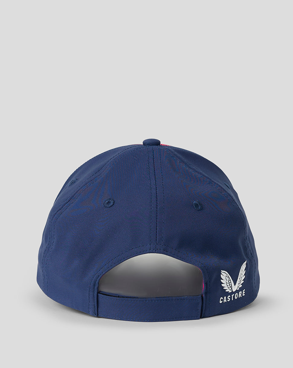 Navy blue cap with a white logo on the back against a light gray background