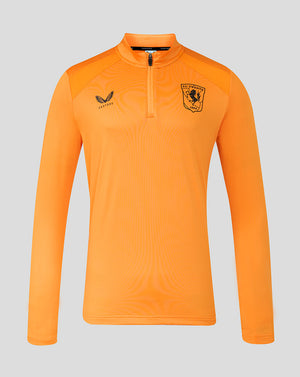 Front view of bright orange FC Twente training midlayer top with crest on chest and Castore logo