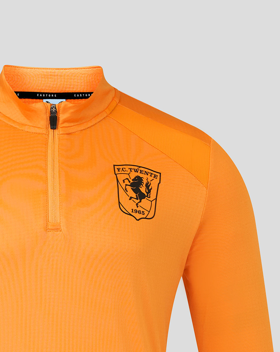 Back view of bright orange FC Twente training midlayer top showing shoulder panels and smooth back