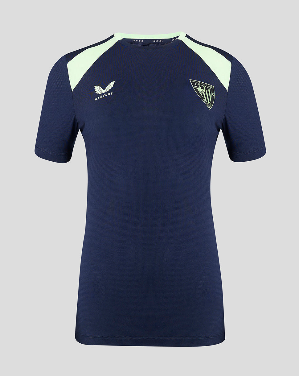 Navy women's training T shirt with pale mint shoulder panels, Castore logo on the left chest and club crest on the right.