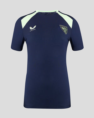 Navy women's training T shirt with pale mint shoulder panels, Castore logo on the left chest and club crest on the right.