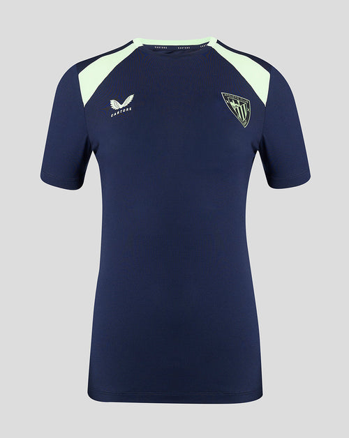 Navy women's training T shirt with pale mint shoulder panels, Castore logo on the left chest and club crest on the right.