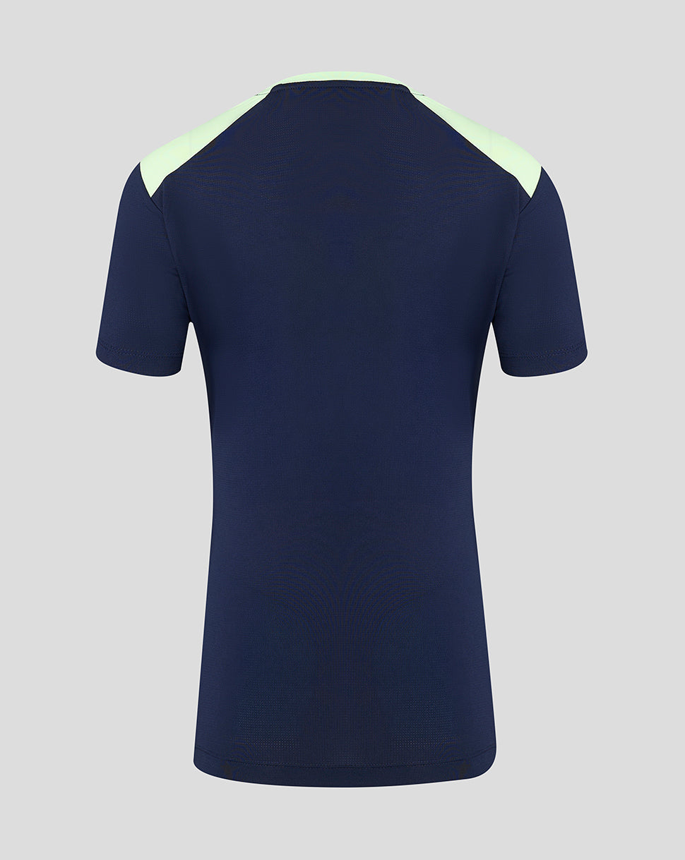 Back view of navy women's training T shirt with pale mint shoulder panels.