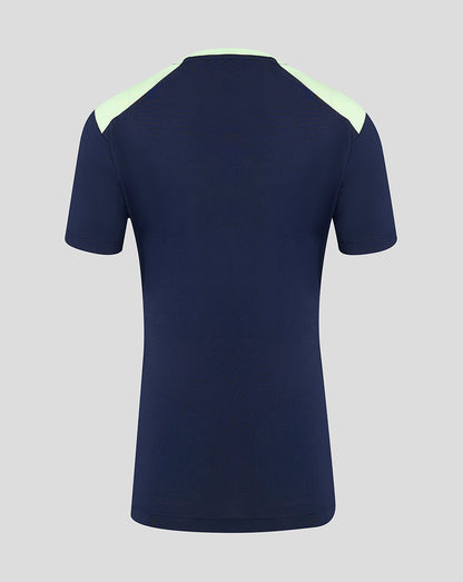 Back view of navy women's training T shirt with pale mint shoulder panels.