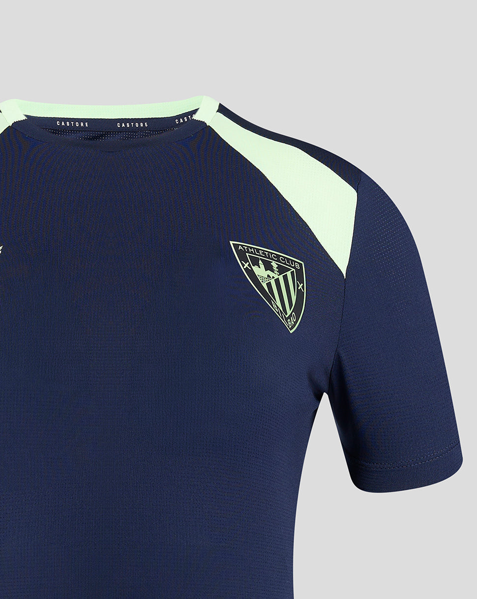 Navy Athletic Club women's training T shirt with mint panels and crest on chest.