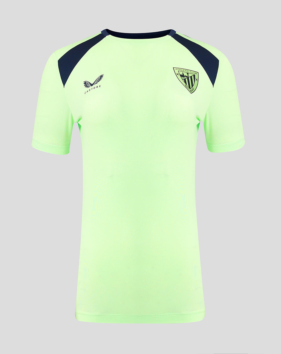 Front view of neon green Athletic Club training T-shirt with navy shoulder panels and crest on the chest