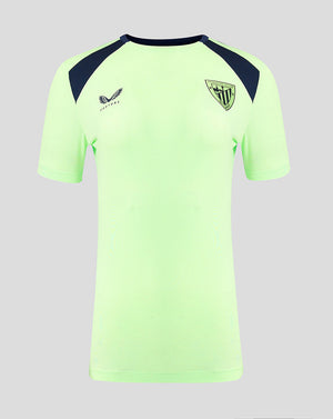 Front view of neon green Athletic Club training T-shirt with navy shoulder panels and crest on the chest