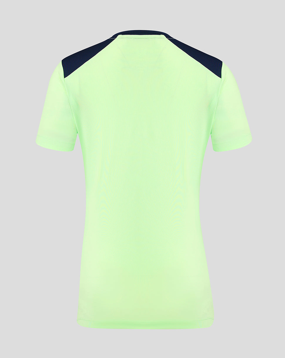 Back view of neon green training T-shirt with dark navy shoulder panels