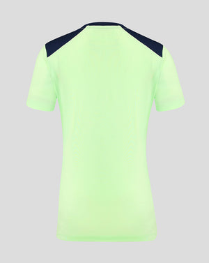 Back view of neon green training T-shirt with dark navy shoulder panels