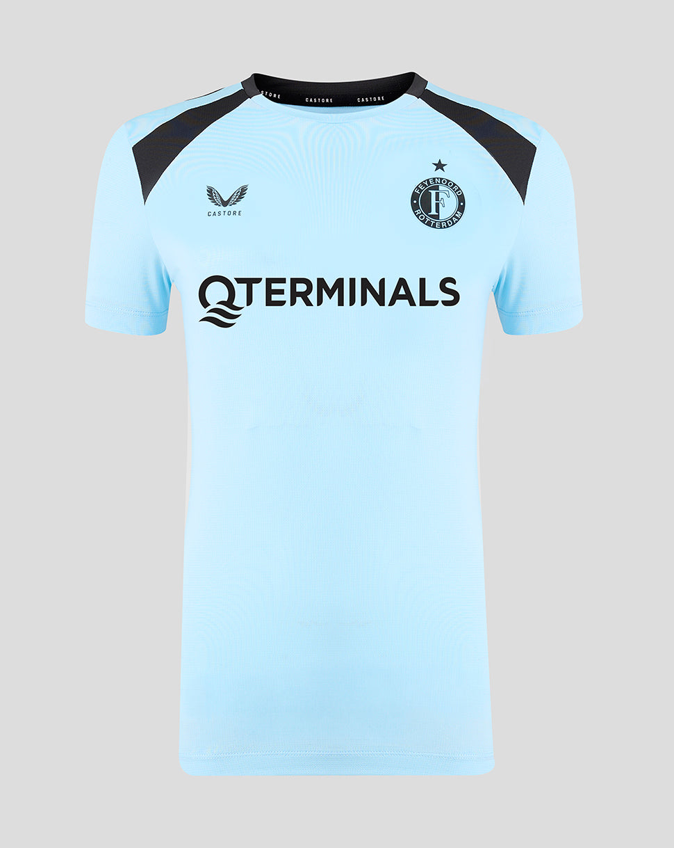 Front view of Feyenoord women's 2026-2027 players training shirt in light blue with black shoulder panels and sponsor logo