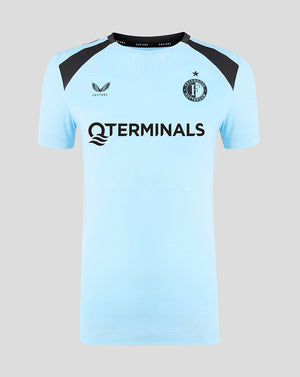 Front view of Feyenoord women's 2026-2027 players training shirt in light blue with black shoulder panels and sponsor logo