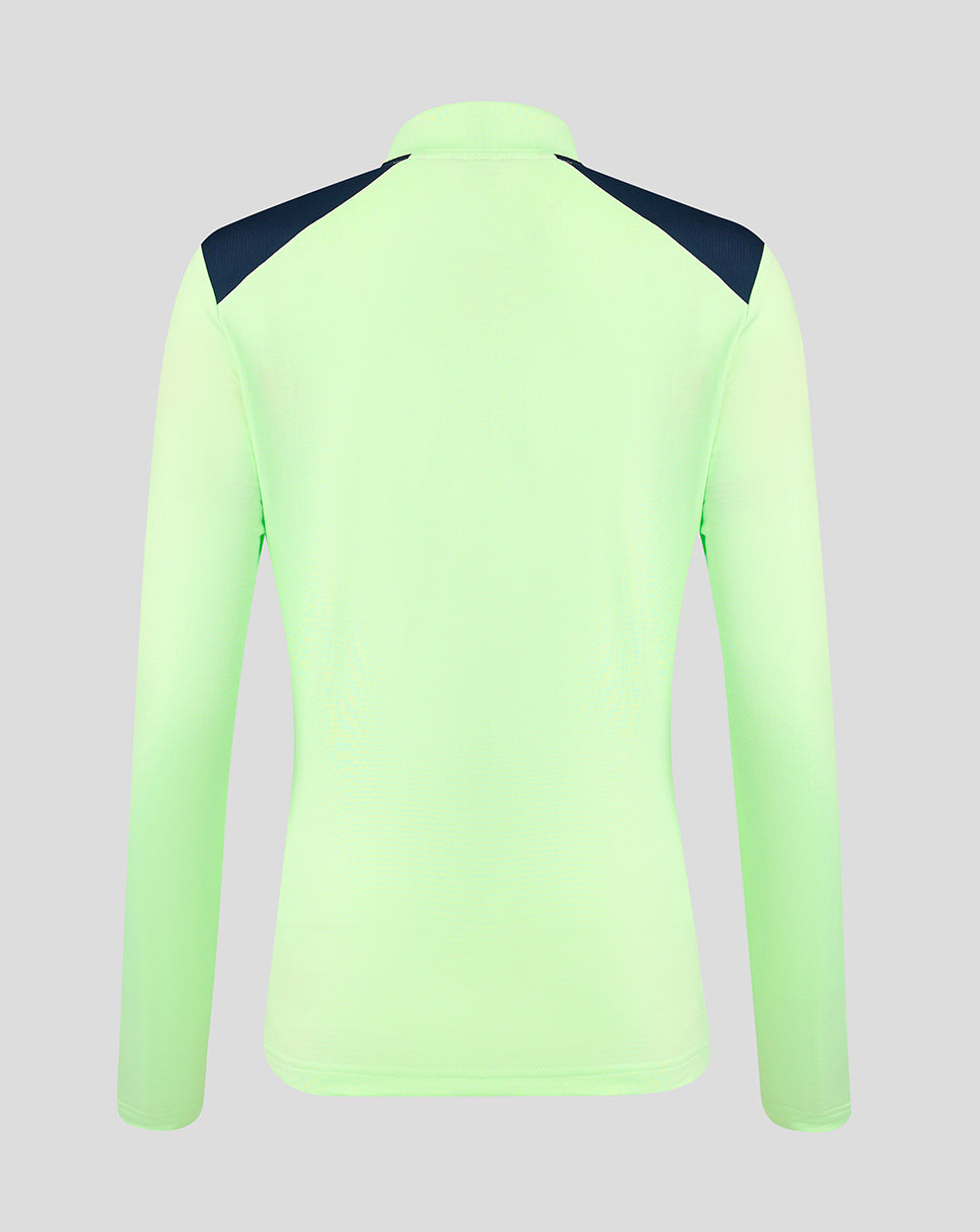 Chaqueta de entrenamiento para mujer verde neón vista desde atrás con paneles azul marino en los hombros