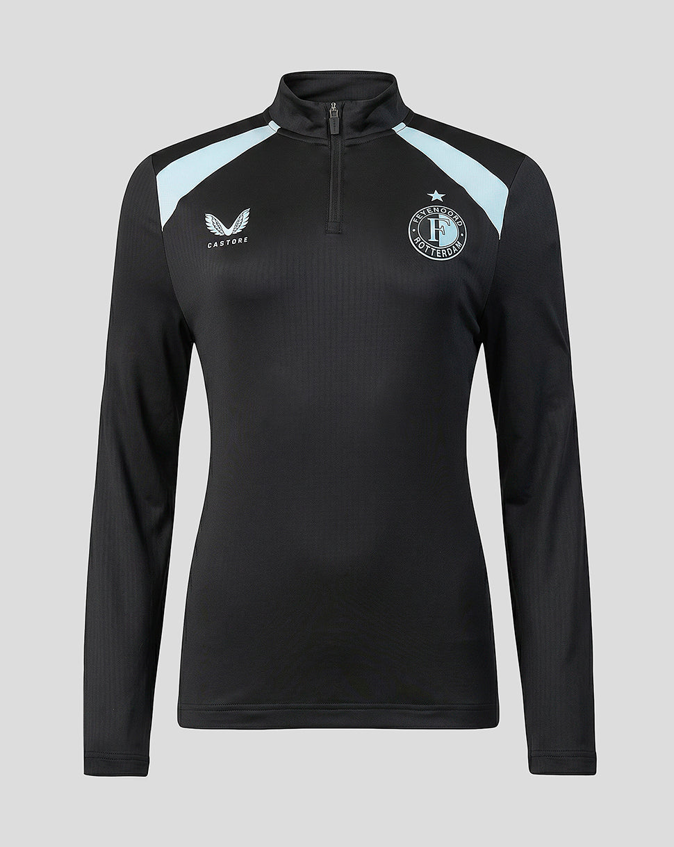 Feyenoord women's 2026-27 training coaches midlayer in black with light blue shoulder panels and a zipped neck
