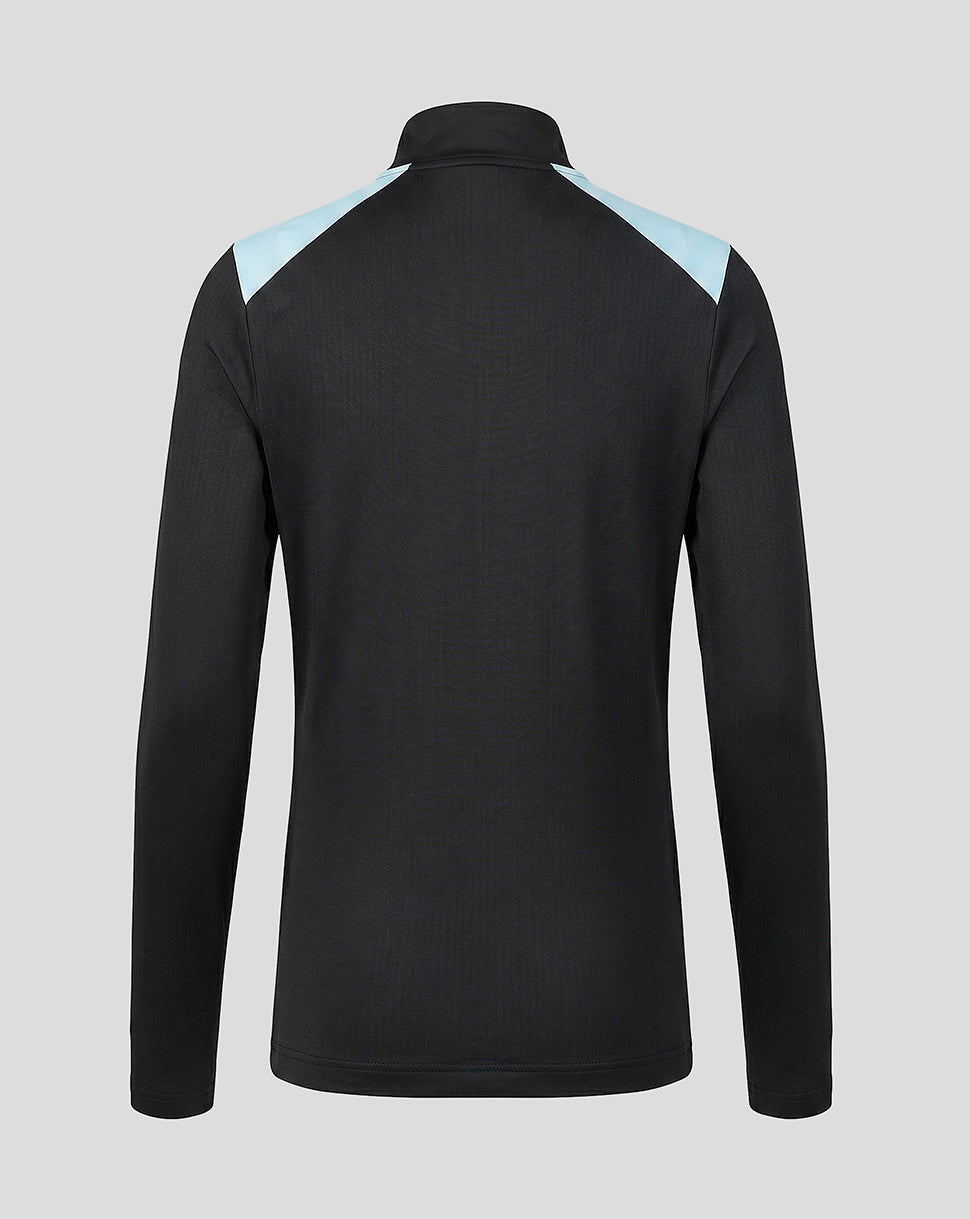 Back view of Feyenoord women's 2026-27 training coaches midlayer showing black fabric and light blue shoulder panels