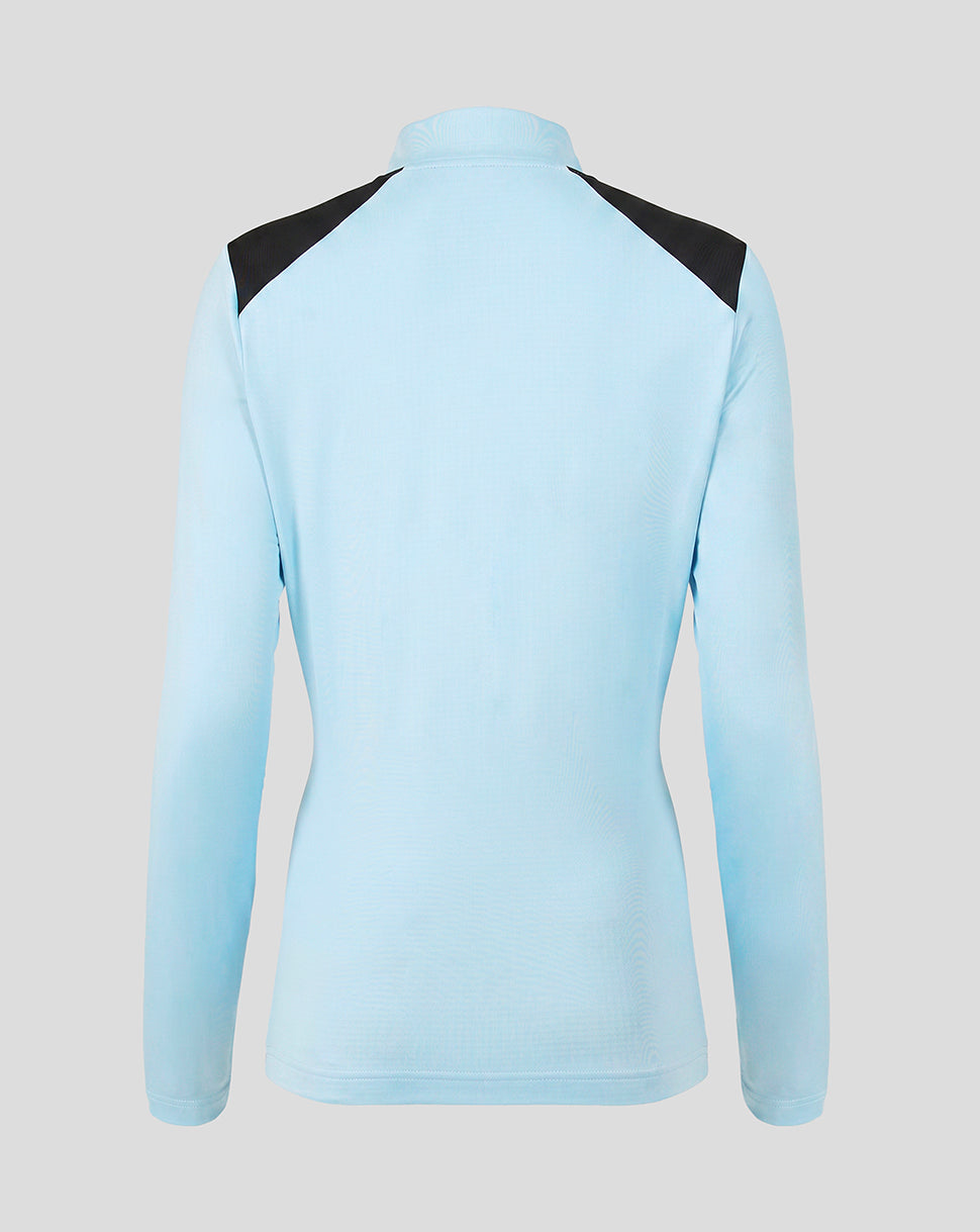 Back view of light blue Feyenoord women's training midlayer with black shoulder panels