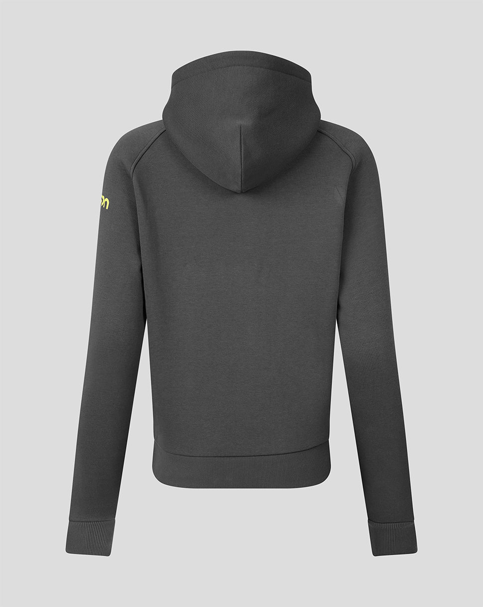 A dark gray hooded sweatshirt shown from the back, featuring a small yellow embroidered logo on the left sleeve, set against a solid light gray background.