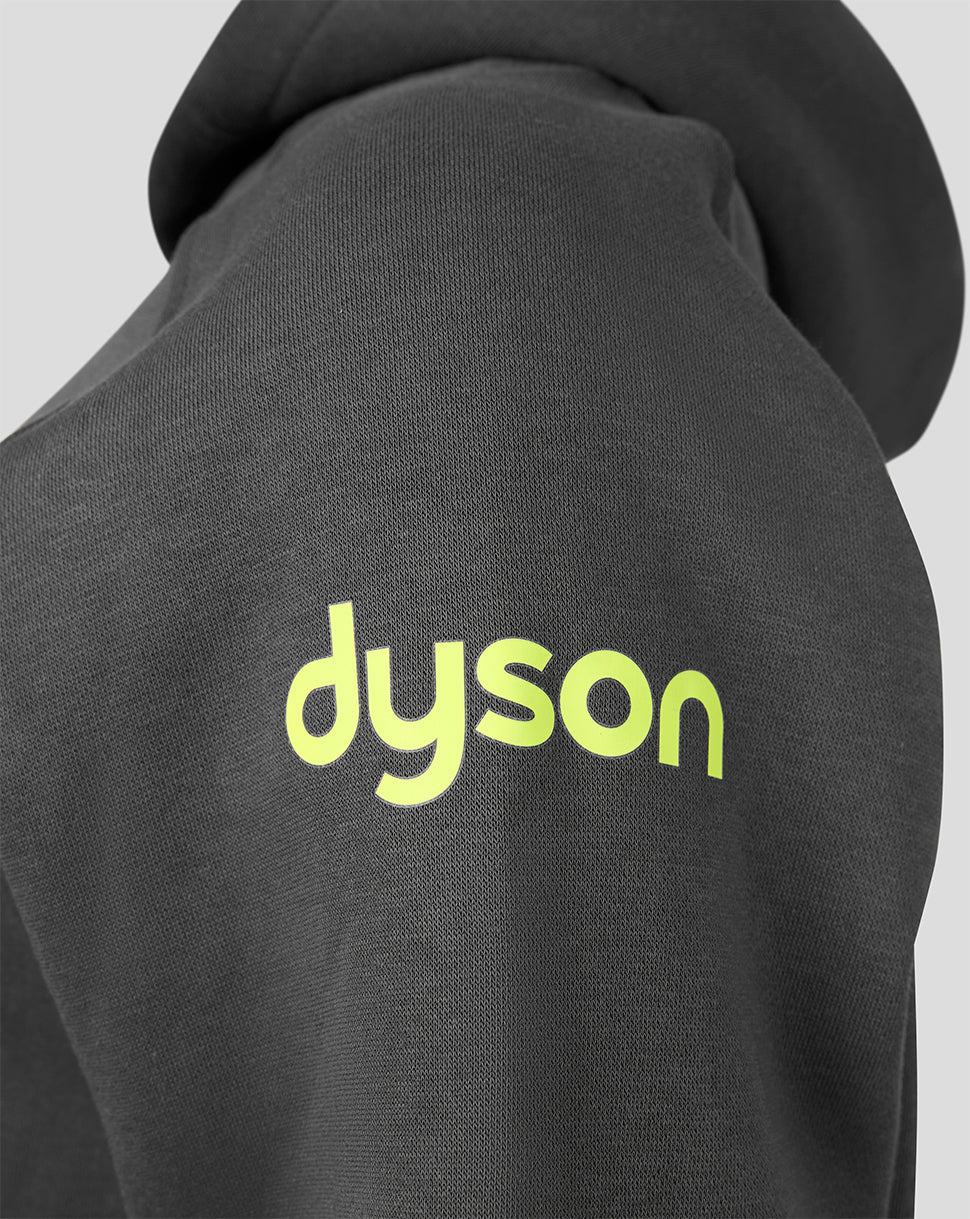 Close-up of a dark gray or black hoodie with a bright neon yellow-green 'dyson' logo printed on the chest, set against a light gray background.