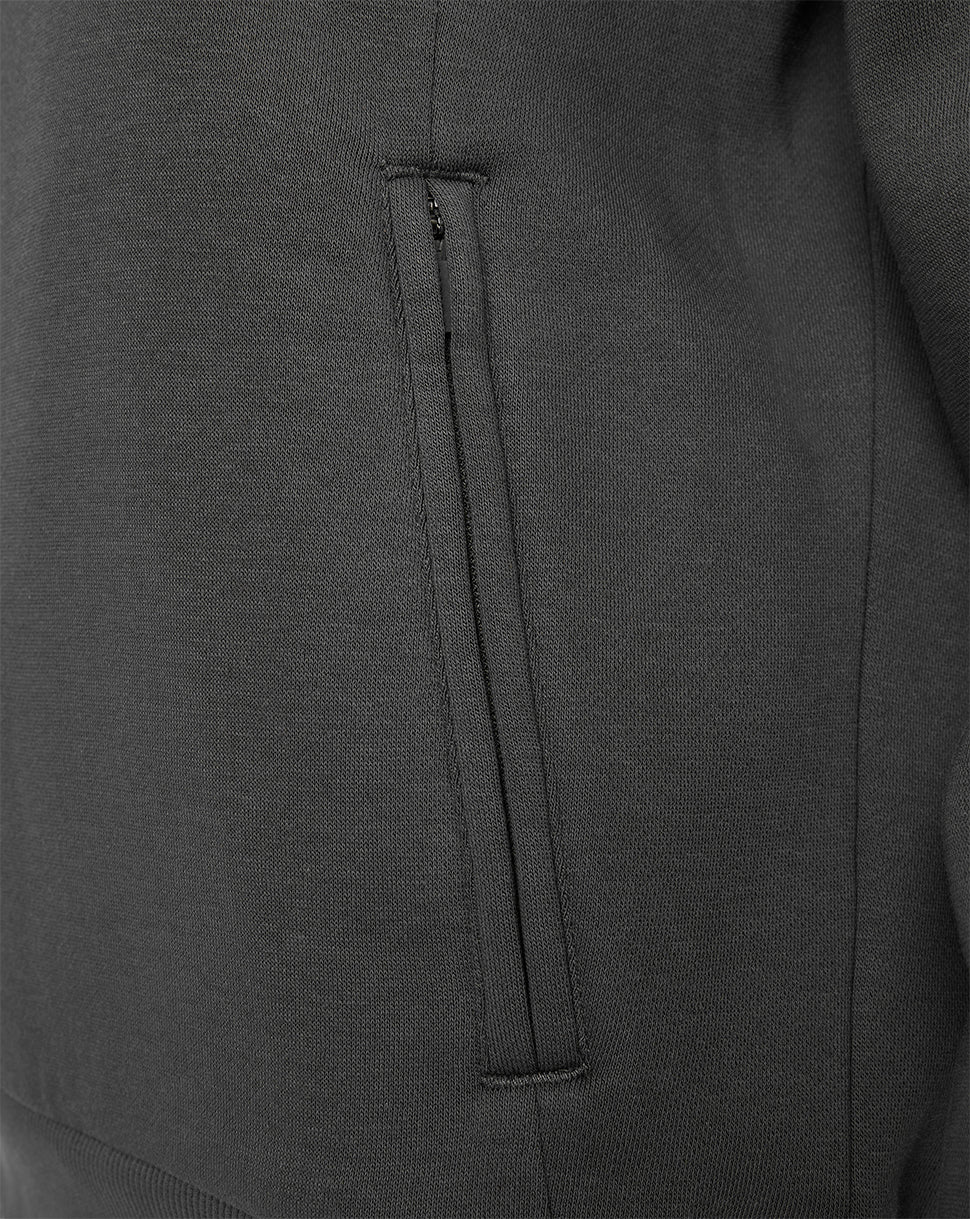 Close-up of a dark gray fabric jacket or sweater showing a vertical zippered pocket seam.
