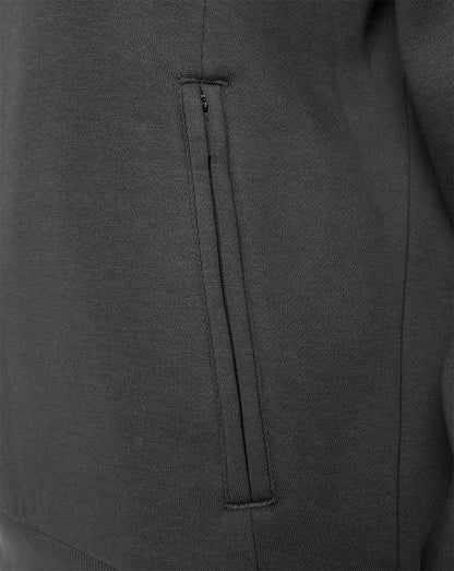 Close-up of a dark gray fabric jacket or sweater showing a vertical zippered pocket seam.